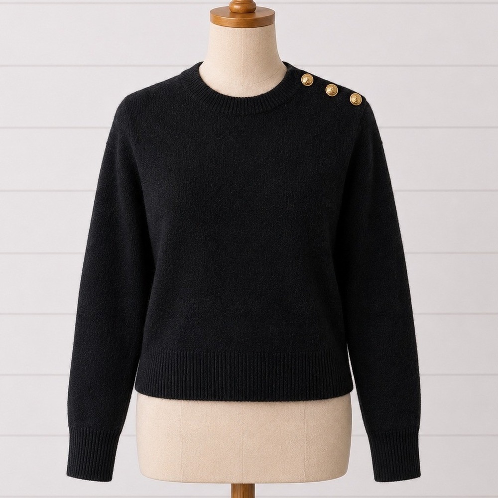 J. Crew Crewneck Sweater Shoulder Buttons Black Gold Heritage Merino Wool Large